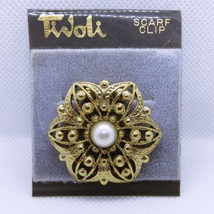 Retro Tavoli Yellow Gold Toned Flower Faux Pearl Center Scarf Clip